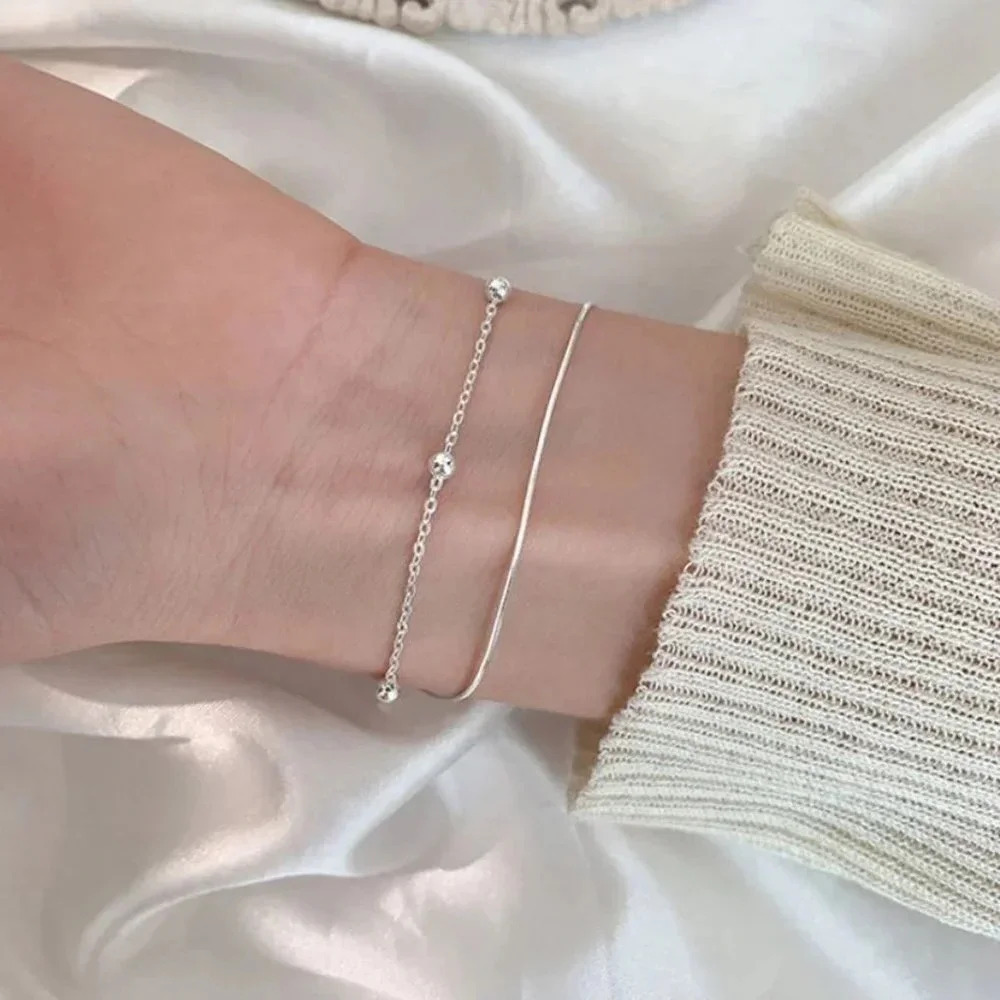 925 Sterling Silver Snake Chain & Bead Bracelet